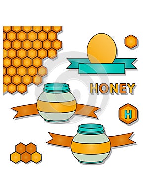 Honey jar and labels set. Isolated vector collection.