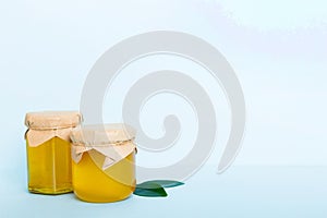 Honey in jar with leaves and honey dipper on colored background top view with copy text