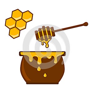 Honey jar, spoon and honeycomb. Vector