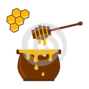 Honey jar, spoon and honeycomb. Vector