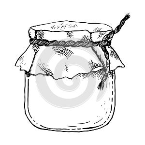 Honey jar vector graphic illustration. Line drawing of pot with linen cloth cap and rope realistic clipart