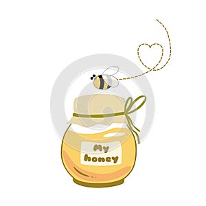 Honey jar vector Honey pot Bee Text My honey Icon sticker logo Hand drawn varieties illustration