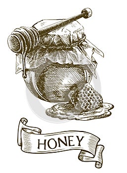 Honey jar, wooden dipper stick and honeycomb