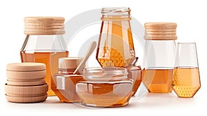 Honey jars and wooden dippers set isolated on white background. Package design element with clipping path, generative ai