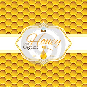 Honey label template for honey logo products with bee and drop of honey on Honeycomb colorfull pattern background