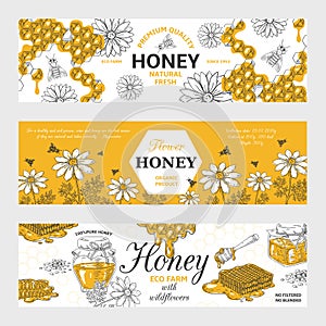 Honey labels. Honeycomb and bees vintage sketch background, hand drawn organic food retro design. Vector honey graphic