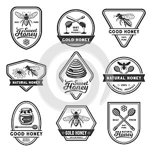 Honey labels. Vintage honeycomb emblem, bee farm stamp and apiary beekeeping vector set