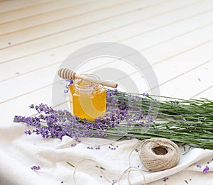 Honey and lavender bouquets. Virus treatment concept. Wooden table.