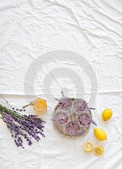 Honey and lavender bouquets. Virus treatment concept. Wooden table.
