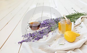 Honey and lavender bouquets. Virus treatment concept. Wooden table.