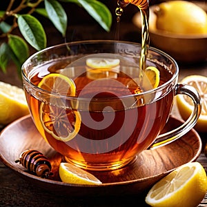 Honey lemon tea, fresh brewed refreshing tea drink with honey sweetener and lemon citrus