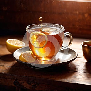 Honey lemon tea, fresh brewed refreshing tea drink with honey sweetener and lemon citrus