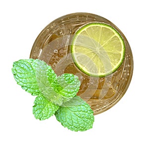 Honey lime drink cocktail with mint top view isolated on white b