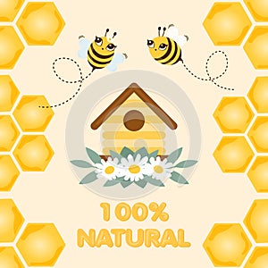 Honey natural product 100 percent symbol with bee and the hive
