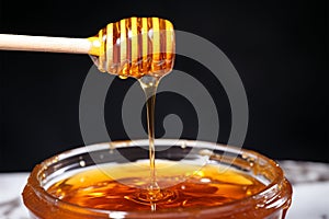 Honey oozes from a wooden spoon, delectable sweetness in motion photo