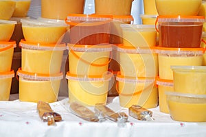 Honey in plastic containers