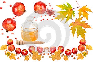 Honey, pomegranate and apple isolated on white background. Rosh hashanah jewish New Year holiday concept. Collage. Traditional