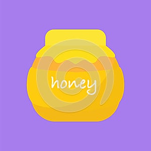 Honey Pot with Gold Honey in Flat Style. Yummy and Healthy Dessert. Gold Sugar Syrup Template. Vector Illustration