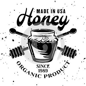 Honey pot vector emblem, badge, label or logo in monochrome style isolated on white background