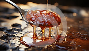 Honey pouring, sweet food dripping, dessert spooning, nature gourmet refreshment generated by AI