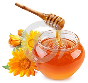 Honey pours with sticks in a jar.