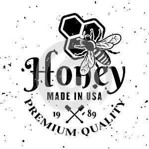 Honey premium product vector emblem, badge, label or logo in monochrome style isolated on white background