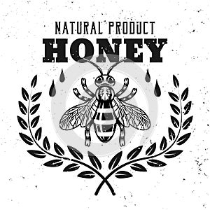 Honey premium product vector emblem, badge, label or logo in monochrome style isolated on white background