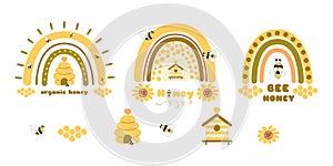 Honey rainbow bee set. Cute yellow rainbows, honey jar, bee, sweet honey beekeeping graphic element isolated. Cute bee