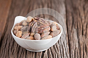 Honey roasted mixed nuts in bowl.