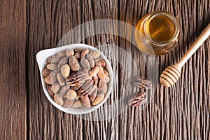 Honey roasted mixed nuts. Top view.