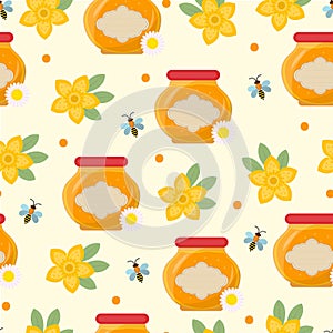 Honey seamless pattern. Beekeeping endless background, texture. Vector illustration.