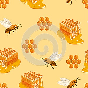 Honey seamless pattern. Cartoon bee, and honeycomb on a yellow background.