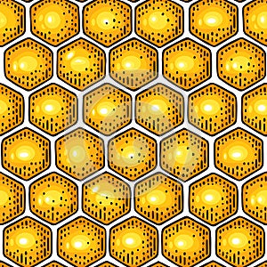 Honey Seamless Pattern with honeycomb. Vector engraving