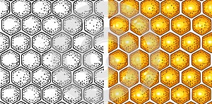 Honey Seamless Pattern with honeycomb. Vector engraving