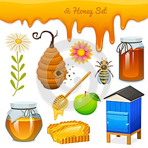 Honey set, bee and hive, spoon and honeycomb, hive and apiary. natural farm product. beekeeping or garden, flower