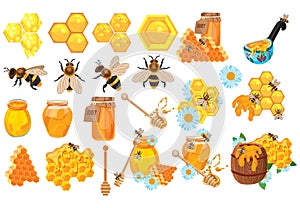 Honey set. Collection of beekeeping. Cartoon apiary set. Illustration of beehive, bees and honeycombs. Vector drawing of photo