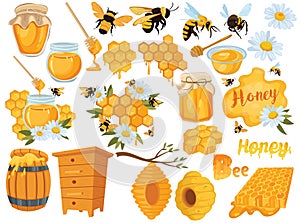 Honey set. Collection of beekeeping. Cartoon apiary set. Illustration of beehive, bees and honeycombs. Vector drawing of