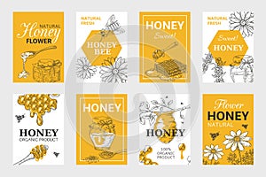 Honey sketch poster. Honeycomb and bees flyer set, organic food design, beehive, jar and flowers layout. Vector hand