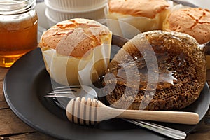 Honey soft cheese cake sweet pastries dessert still life closeup