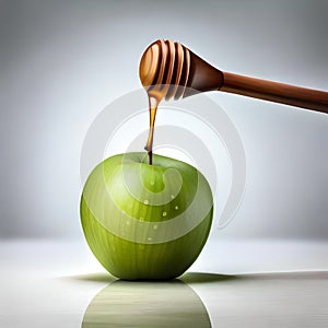 Honey stick dripping onto green apple on light seamless backdrop