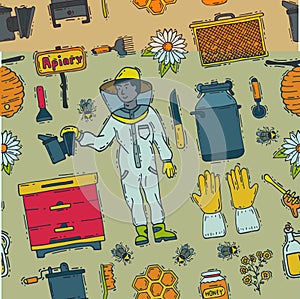 Honey sweet beeceeper vector apiary farm beekeeping icons set honeymaker bee insect beeswax illustration seamless