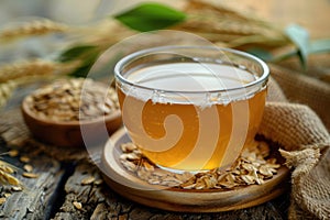Honey tea in a clear cup on wooden saucer surrounded by raw oat flakes and wheat stalks, natural ingredients