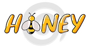 Honey text doodle lettering vector illustration beehive drawn in cartoon style. Simple handwritten doodle style