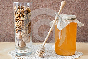 Honey and walnut in a glass
