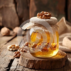 Honey with walnuts in jar