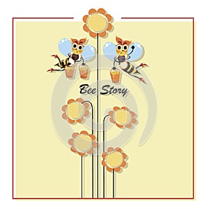 Honeybee. Bee Story. Swarm of bees collects honey. Poster with cute cartoon characters. Vector illustration