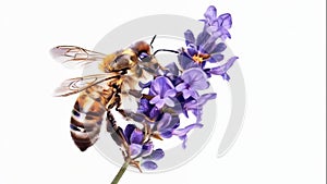 Honeybee gathers nectar on lavender flowers isolated on white background