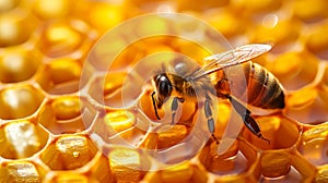 Honeybee on Honeycomb Background, golden, warm backlight. Food concept and Beekeeping