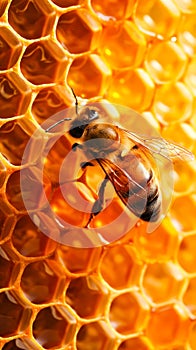 Honeybee on Honeycomb Background, golden, warm backlight. Food concept and Beekeeping