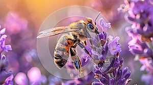 Honeybee on lavender flowers with golden light. Bee pollinating purple blooms. Concept of pollination, nature's